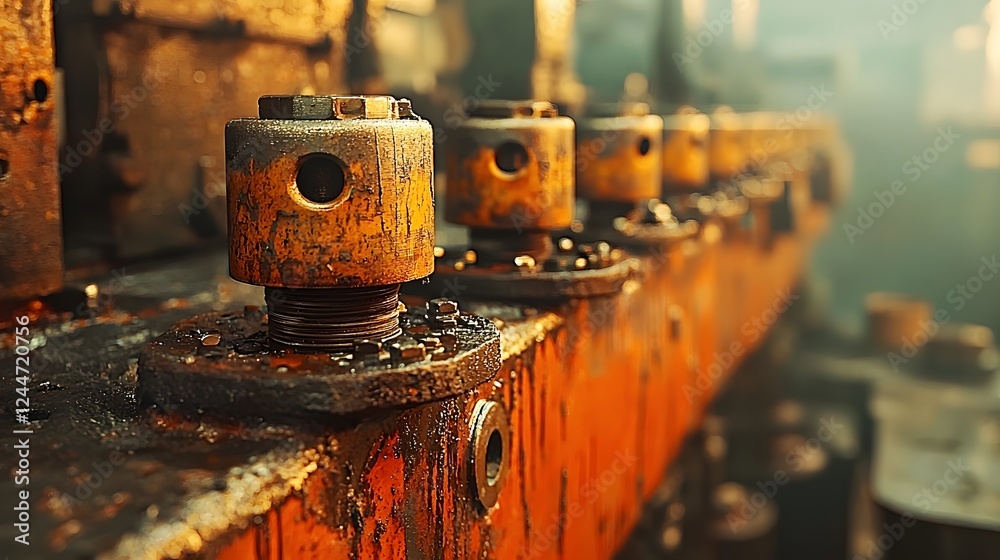 Poster close up view of the powerful hydraulic pistons driving a large industrial mechanical press an essen