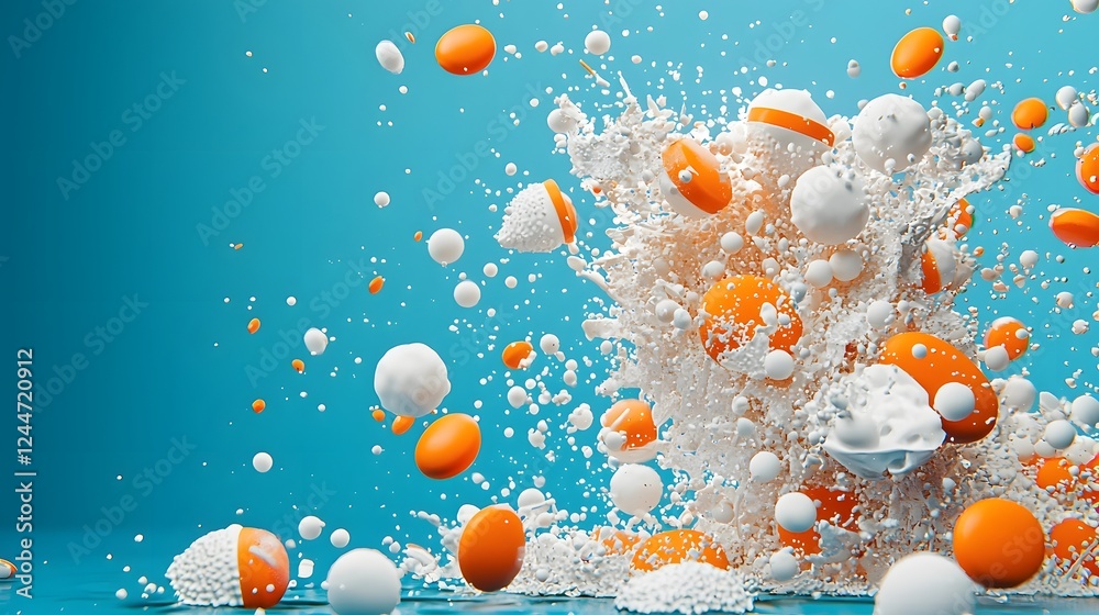 Aufkleber Close up view of vibrant colorful biodegradable laundry pods rapidly dissolving and dispersing in a dynamic energetic water splash with flowing swirling bubbles and foam  Showcasing an eco friendly