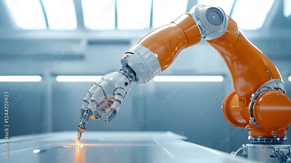 Leinwandbilder closeup of a high speed robotic arm precisely cutting metal sheets with a powerful plasma cutter in 
