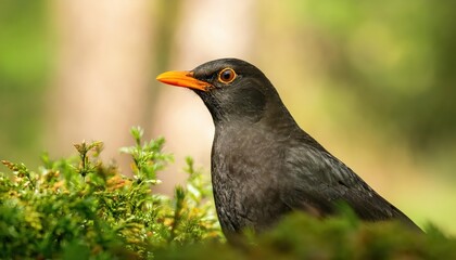 Vivid Portrait of a Common Blackbird Amongst Green Vegetation in European Wilderness A Beautiful Encounter with Turdus Merula Amidst Natures Abundance