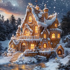 Festive cookie castle sparkling under snowy twilight images