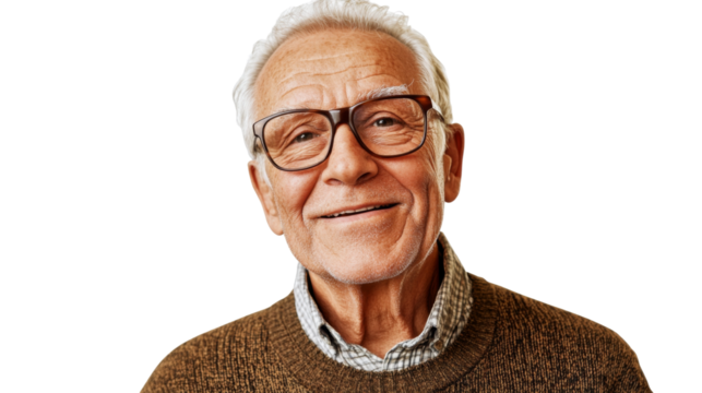 Portrait of smiling senior man wearing glasses on transparent background