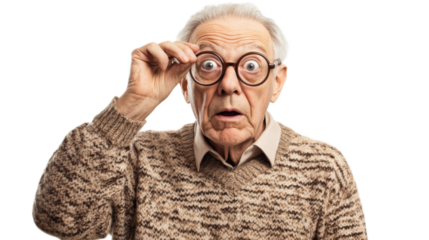 Shocked senior man adjusting glasses on transparent background