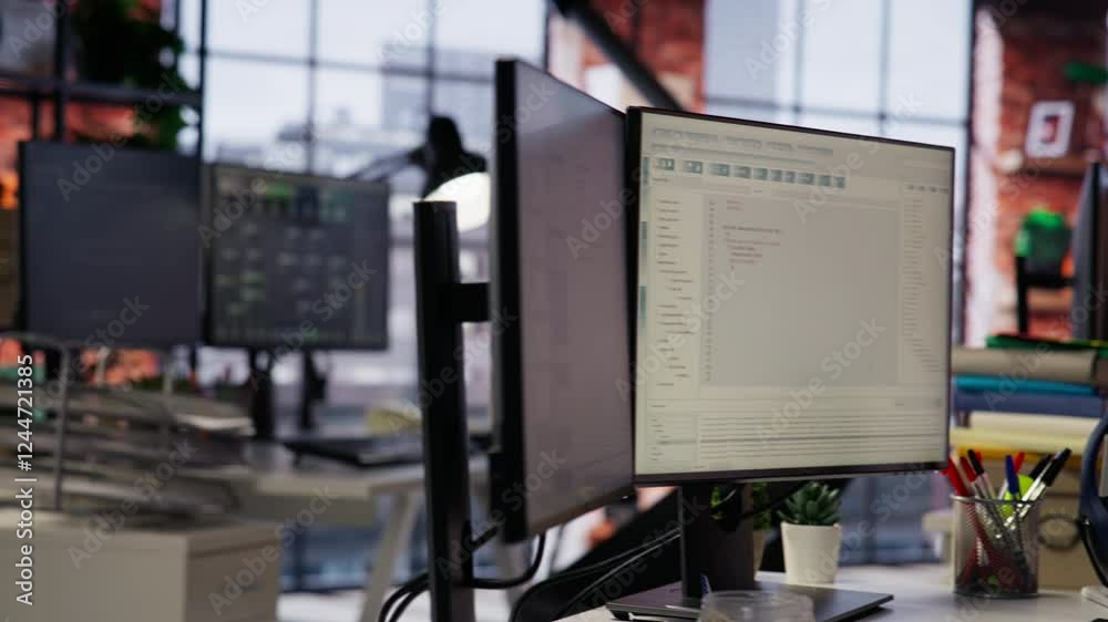 Poster pc in startup office used to design and implement algorithms enabling machine learning. technology u