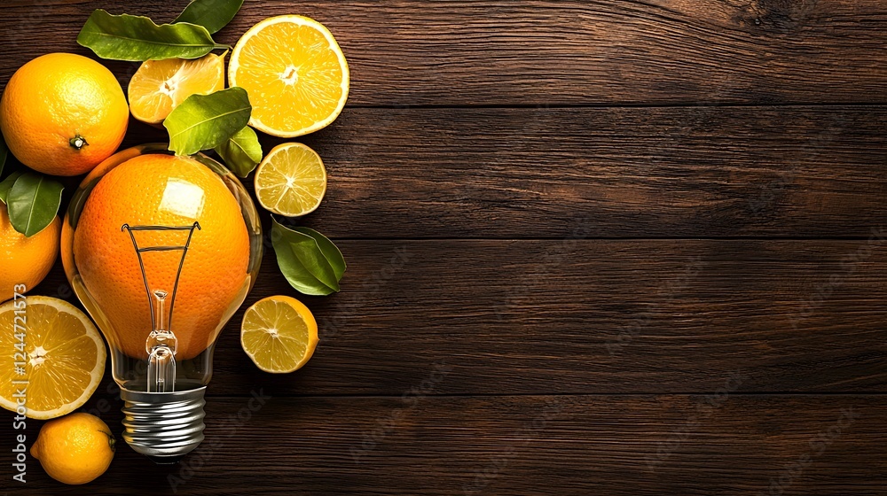 Poster conceptual image of a light bulb made from various citrus fruits like oranges lemons and limes symbo