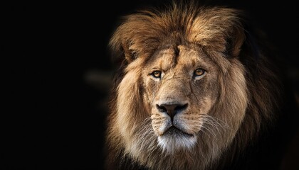 Fototapeta premium Striking Portrait of a Majestic Lion in Darkness, Capturing the Power and Mystery of Africas Untamed Wildlife at Night