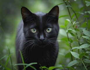 Mysterious Black Cat Staring Up in a Lush Rain-Drenched Wilderness Portrait