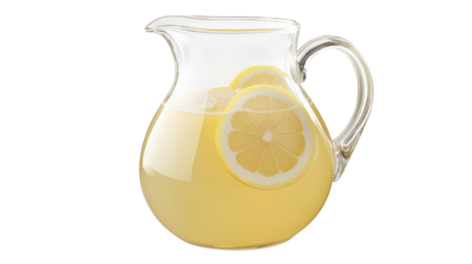 Refreshing lemonade in glass pitcher with lemon slices and transparent background