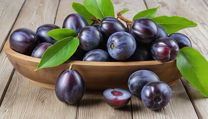 Freshly Harvested Plums on Rustic Wooden Table with Green Leaves, Close-Up