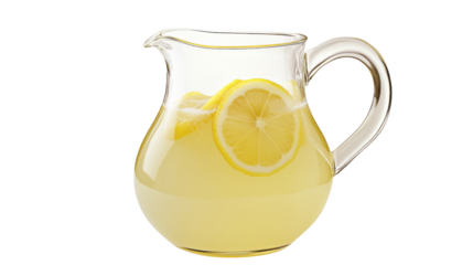 Refreshing lemonade in glass pitcher with lemon slice on transparent background