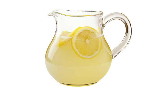 Refreshing lemonade in glass pitcher with lemon slice on transparent background