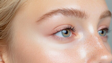 Fototapeta premium Close-up of woman's eyes, freckles, and brows. Beauty, skincare advertisement