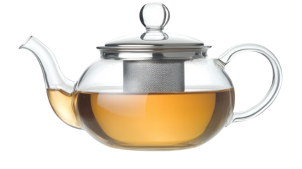 Glass teapot with infuser brewing herbal tea on transparent background