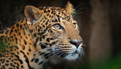 Naklejka premium Striking Portrait of a Ceylon Leopard in the Wilderness at Dusk, Showcasing Majestic Vigilance with Glowing Amber Eyes and Spotty Coat, Amidst Lush Greenery and Ancient Trees