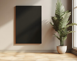 Elegant Minimalist Interior Featuring a Large Canvas and Lush Green Plant Against a Serene Background