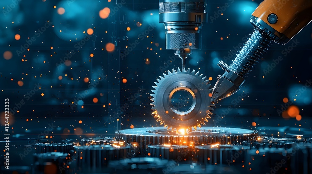 Poster detailed view of an industrial gear being precisely machined using advanced cutting and grinding too