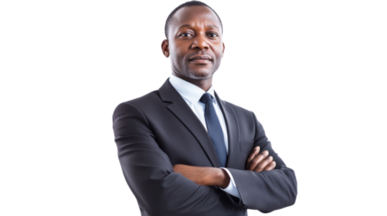 Confident businessman crossing arms on transparent background