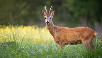 Vibrant Vignette Stately Deer Amidst Blossoming Springs, Basking in the Early Morning Light Amongst Lush Green Grasslands and Flourishing Wildflowers