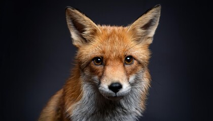 Fototapeta premium Mystical Nocturnal Encounter A Vivid Portrait of a Fox Amidst the Shadows on a Stark Black Canvas, Radiating Elegance and Mystery.