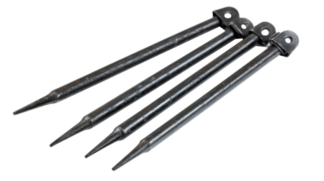 Four metal spikes lying on transparent background