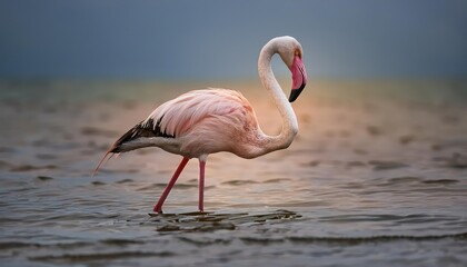 Vivid Portrait of a Greater Flamingo Amidst Misty Clouds at Dawn on the Coast of Bahrain, Capturing the Serene Beauty and Grace of Nature