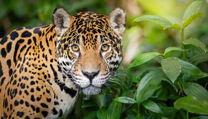 Powerful Jaguar Stalks through Lush Green Undergrowth, Showcasing the Majestic Wildlife of South Americas Tropical Rainforests.
