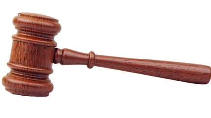Wooden gavel resting on transparent background symbolizing justice and law