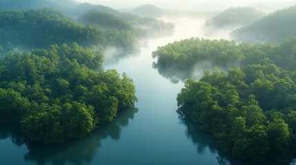 Misty river flowing through lush green islands, aerial view, nature background, travel photography