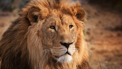 Powerful and Regal African Lion Basking in the Glowing Light of a Sunset Savannah, Showcasing Vibrant Colors and Textures as it Stands in Pride and Splendor
