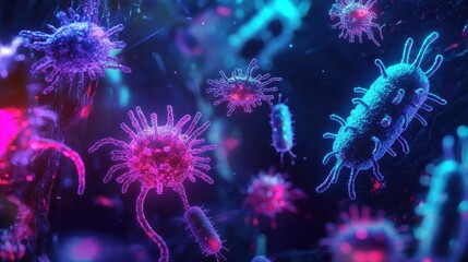 Pathogen network interconnected with neon bio-hacking symbols, pathogens, futuristic biosecurity . 
