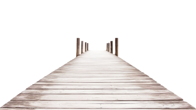 Wooden pier extending into transparent background, creating an idyllic seaside scene