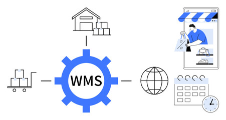 Warehouse, moving cart, WMS gear symbol, globe, calendar, online shopping. Ideal for logistics, supply chain, inventory control ecommerce global distribution order management warehouse