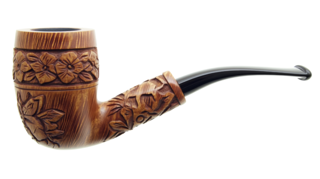 Elegant carved briar smoking pipe on transparent background