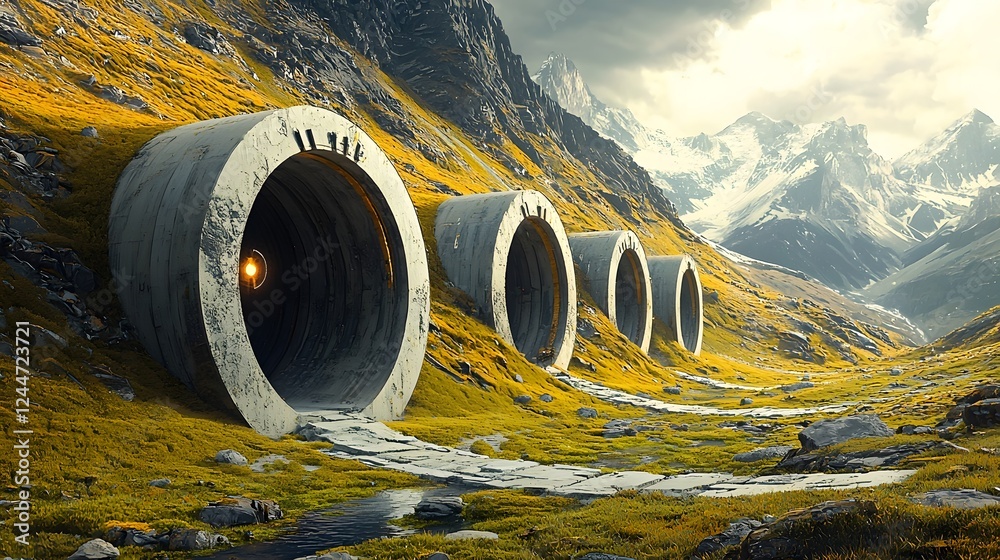 Poster futuristic and innovative quantum powered hydroelectric dam system embedded within a dramatic mounta