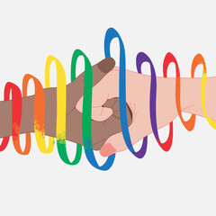 Helping hand with rainbow flag strings. Tolerance and freedom concept. Unity, help and hope. LGBTQ Pride Month design