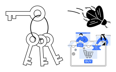 Three keys on a ring, flying bug, and online shopping screen with cashback and percentage icons. Ideal for security, debugging, e-commerce, key concepts, savings internet safety and purchases. Line