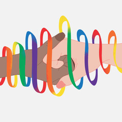 Helping hand with rainbow flag strings. Tolerance and freedom concept. Unity, help and hope. LGBTQ Pride Month design