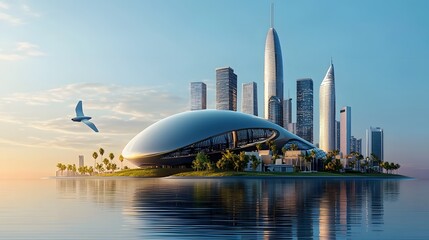 Naklejka premium Futuristic city skyline with skyscrapers and towers constructed entirely from electric vehicle charging stations reflecting in the water at sunset