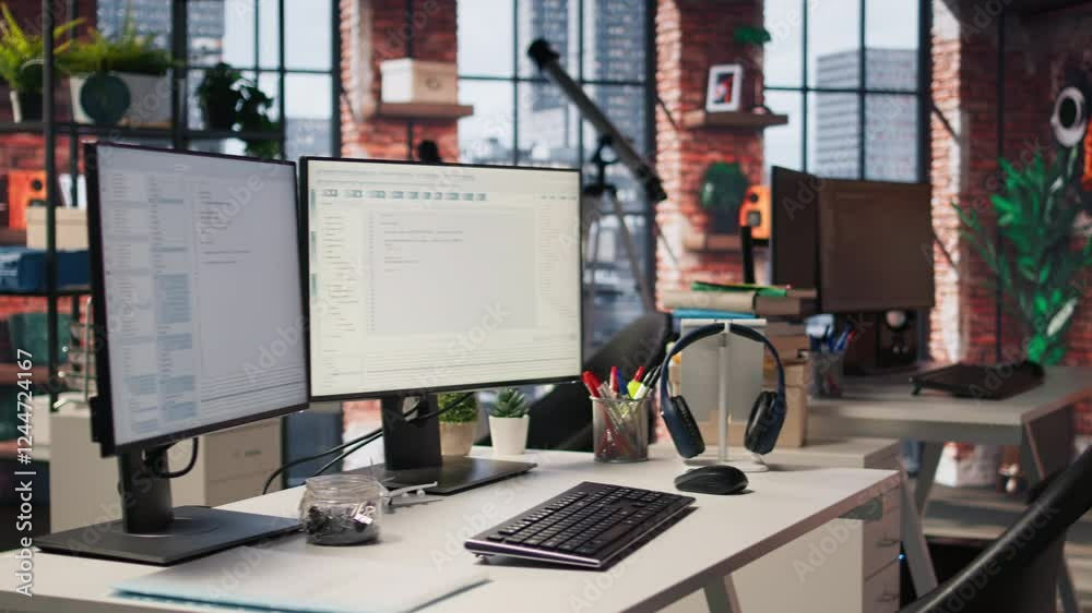 Poster advanced ai algorithms running on computer monitors in empty startup workspace deploying machine lea
