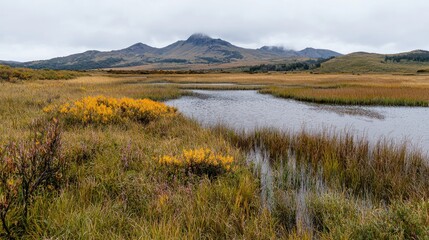 Obraz premium Autumnal wetland landscape with mountains