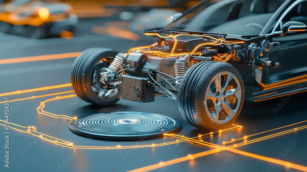 Aufkleber Futuristic electric car hovering slightly above a wireless charging pad with dynamic energy waves and patterns visible in the background