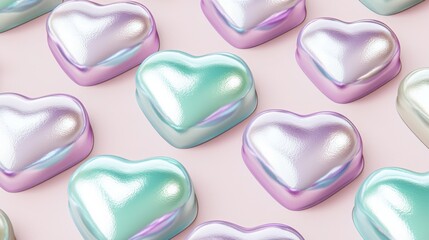 Shimmering Hearts: A captivating display of iridescent hearts, each with a pearlescent sheen and subtle color variations, creating a mesmerizing and romantic pattern.  