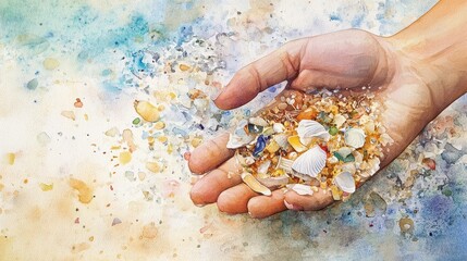 Surreal watercolor of a human hand holding a handful of microplastics, mixed with sand and seashells, delicate but impactful message, ocean pollution. 