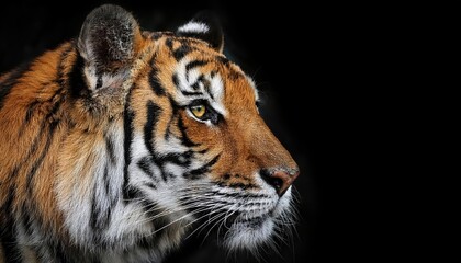 Striking Portrait of a Majestic Black Tiger, Poised against an Ebony Backdrop, Showcasing Vivid Whiskers and Sharp Teeth in High Contrast