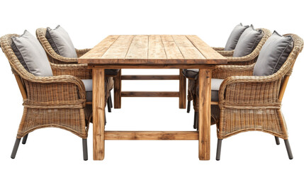 Wooden table and wicker chairs dining set isolated on transparent background
