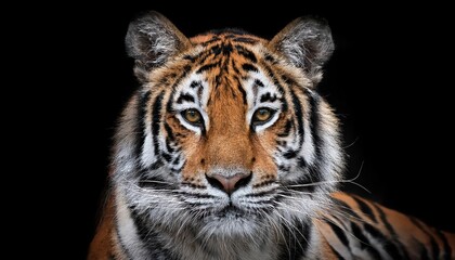 Vibrant and Regal Striped Tiger Gazes Intently against a Dark Backdrop, Showcasing an Aweinspiring Feline Majesty.