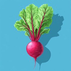 Vibrant Red Beetroot with Lush Green Leaves Casts a Crisp Shadow Against a Solid Blue Background, Highlighting Its Natural Freshness and Texture