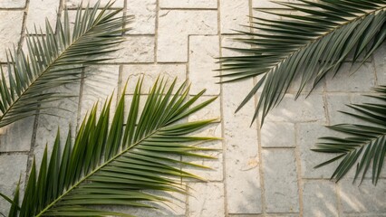 Palm leaves scattered on a textured stone or concrete surface creating a sense of contrast and visual interest, textured, outdoors, palm leaves, urban