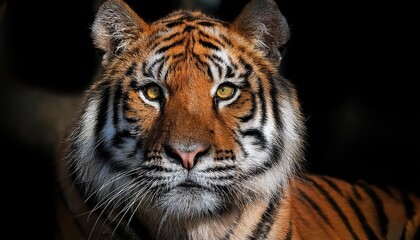 Naklejka premium Striking Portrait of a Vigilant Bengal Tiger in the Wild Jungle, Captured at Dusk with Lush Greenery and Dappled Light, Emphasizing the Majesty and Power of this Apex Predator.