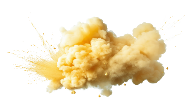 Realistic yellow explosion creating a large cloud of smoke with transparent background